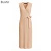 ZANZEA Women Elegant V-Neck Casual Sleeveless Pleated Long Dress