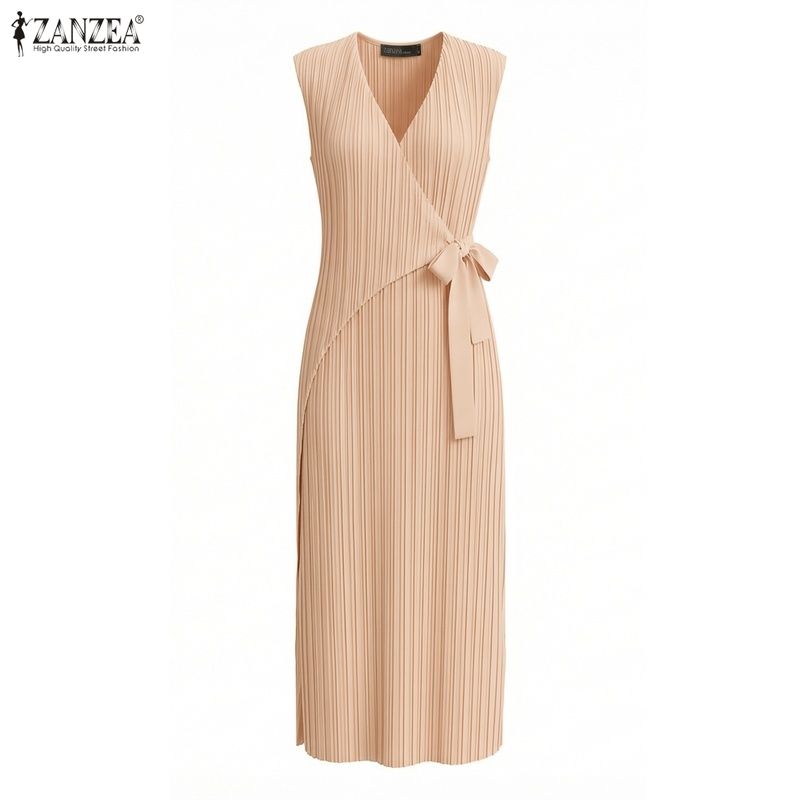 ZANZEA Women Elegant V-Neck Casual Sleeveless Pleated Long Dress