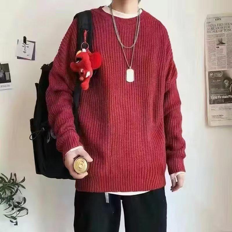 Men S Solid Color Round Neck Loose Long Sleeve Casual Knit Sweater