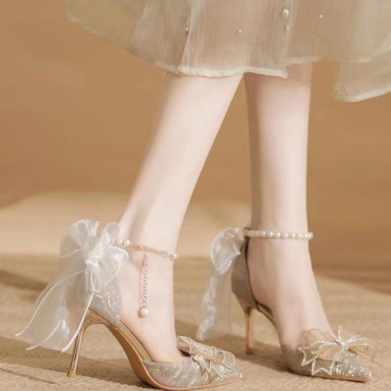 Women S Sequined Pointed Toe Bow One Strap Bridal High Heel Sandals