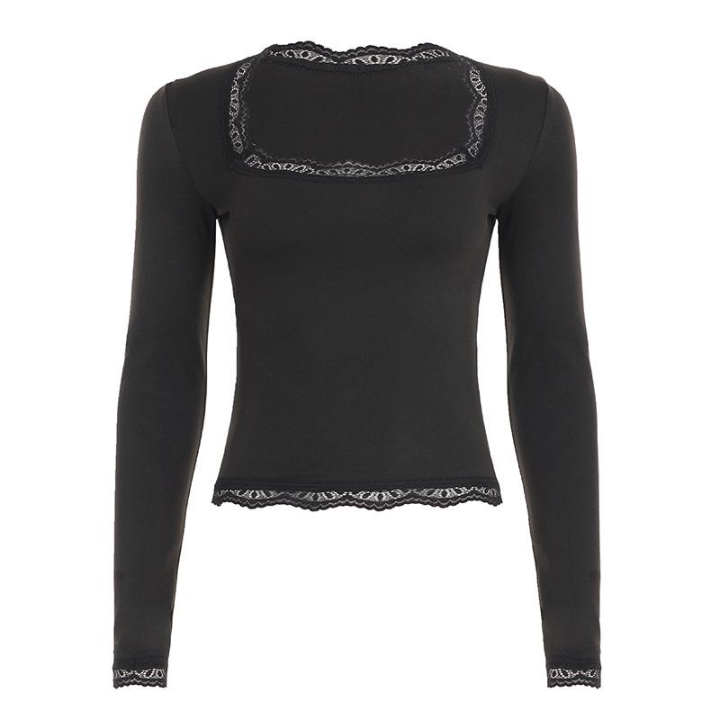 

Сладкая и свежая кружевная футболка приталенного кроя с квадратным вырезом и длинными рукавами S