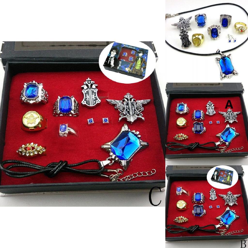 Stunning Black Butler Kuroshitsuji Ciel Phantomhive Cosplay Rings Necklace And Ear-nail Set For Fashion Enthusiasts