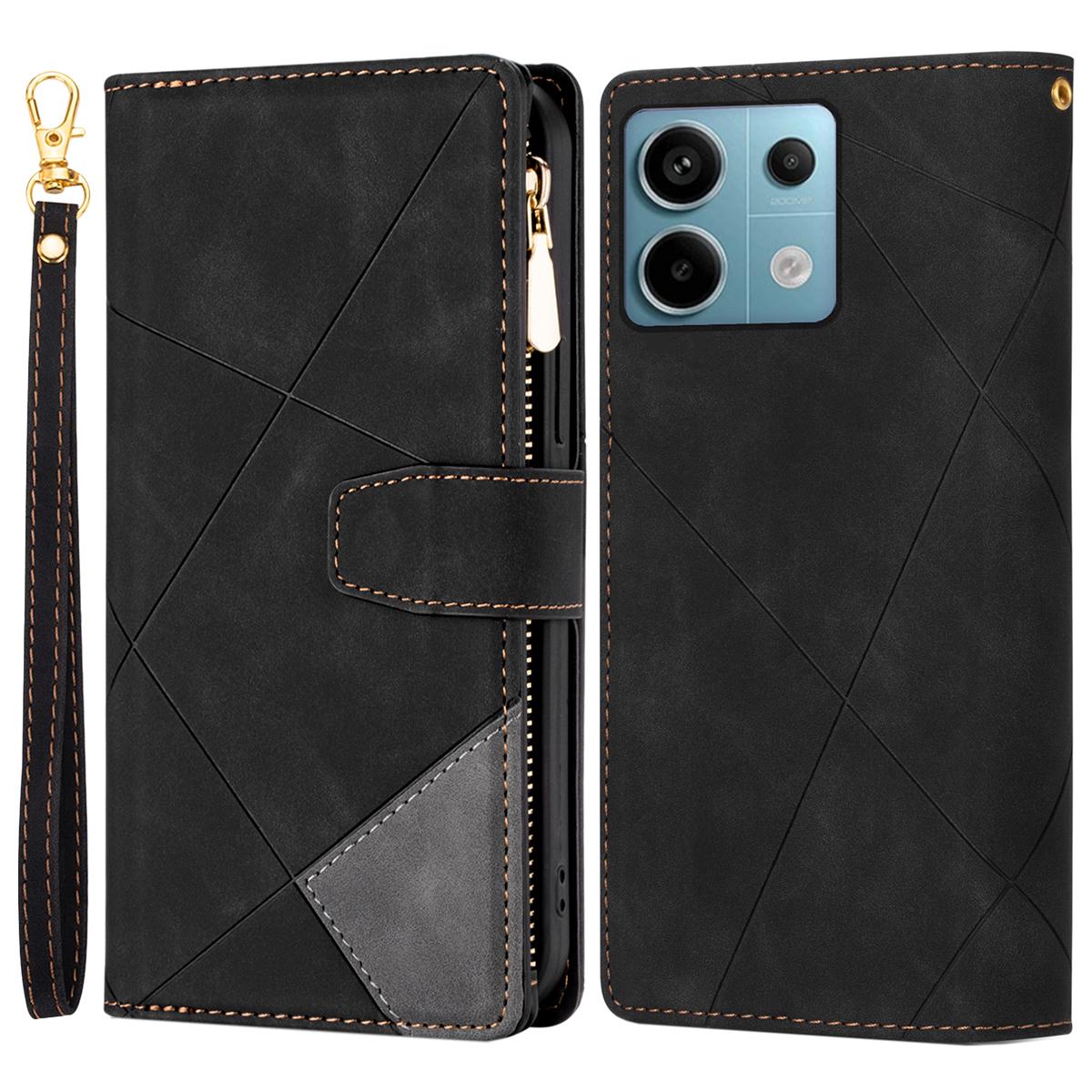 

Color Splicing Case for Xiaomi Redmi Note 13 5G Phone Cover Zipper Pocket Wallet Shell Black