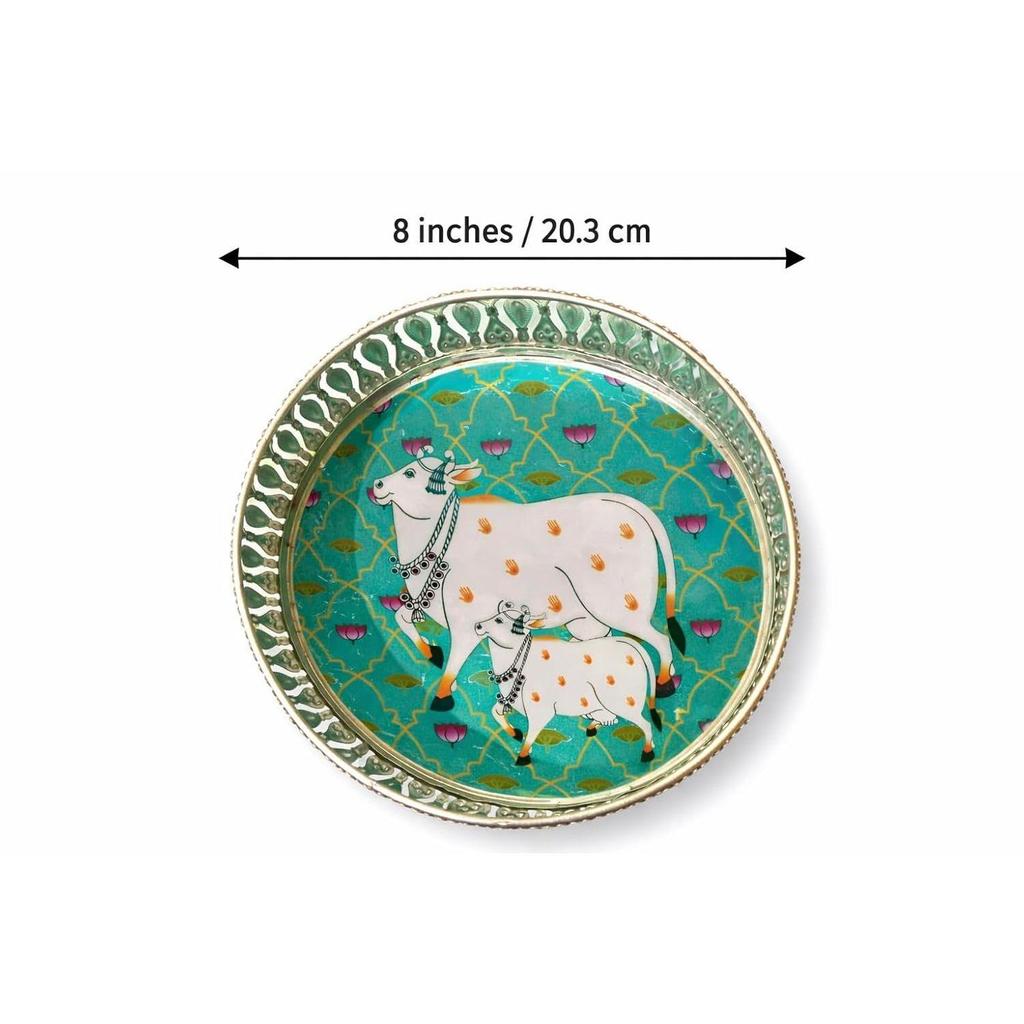 Handcrafted German Silver Pichwai Cow Design Tray 8 Inch | Round Pooja Thali | Decorative Serving Tray
