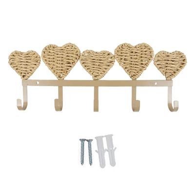 Eingangsbereich Wandregal mit 5 Haken, Eisenrahmen und Herz-Papierseil-Verzierung für Tasche Hut Jacke Kleidung und Schlafzimmertürseite Heimgebrauch Wandmontage