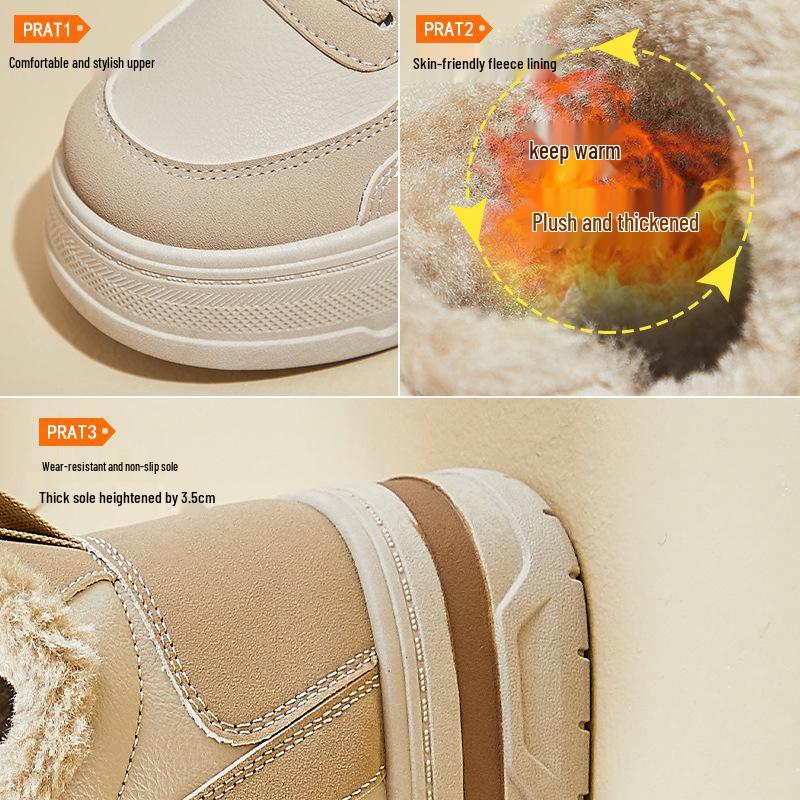 2025 Women's Korean Style Fleece-Lined White Sneakers - Thick-Soled Winter Sports Shoes M019