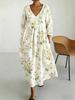 New French v-neck bubble sleeves waist print long dress flowers retro