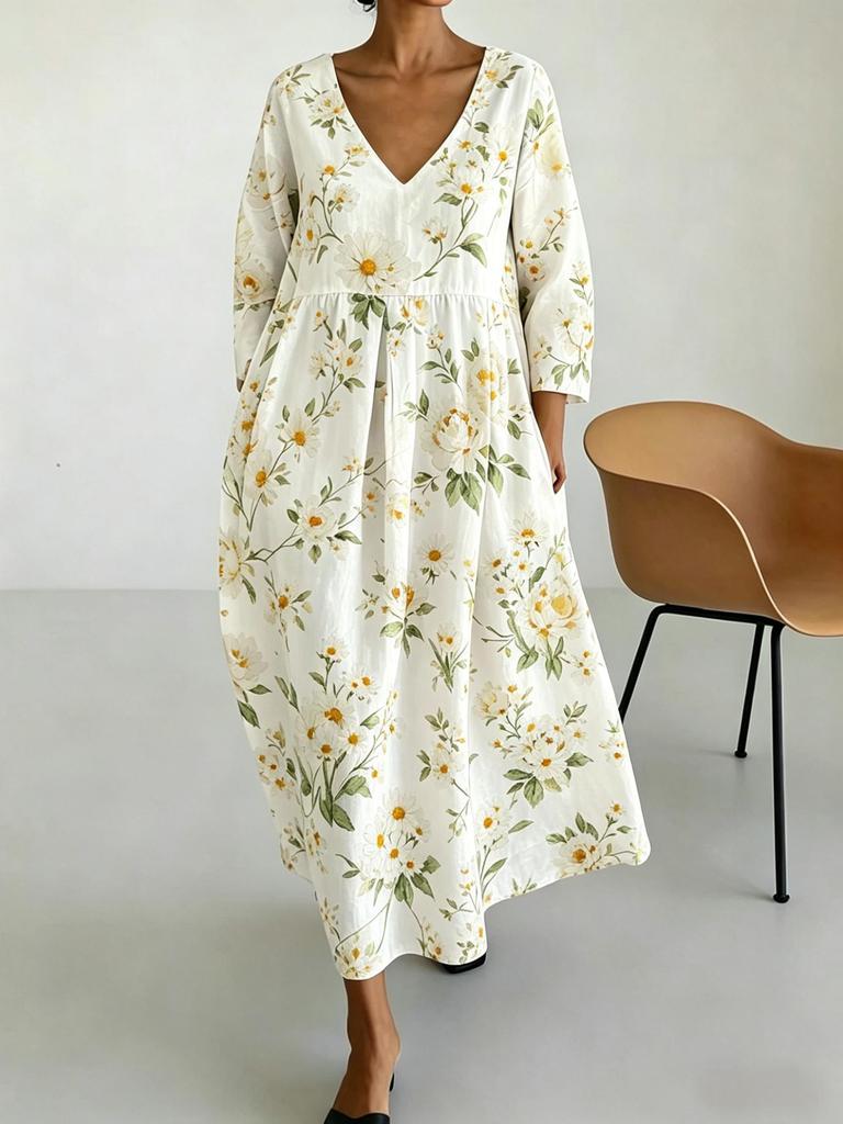New French v-neck bubble sleeves waist print long dress flowers retro