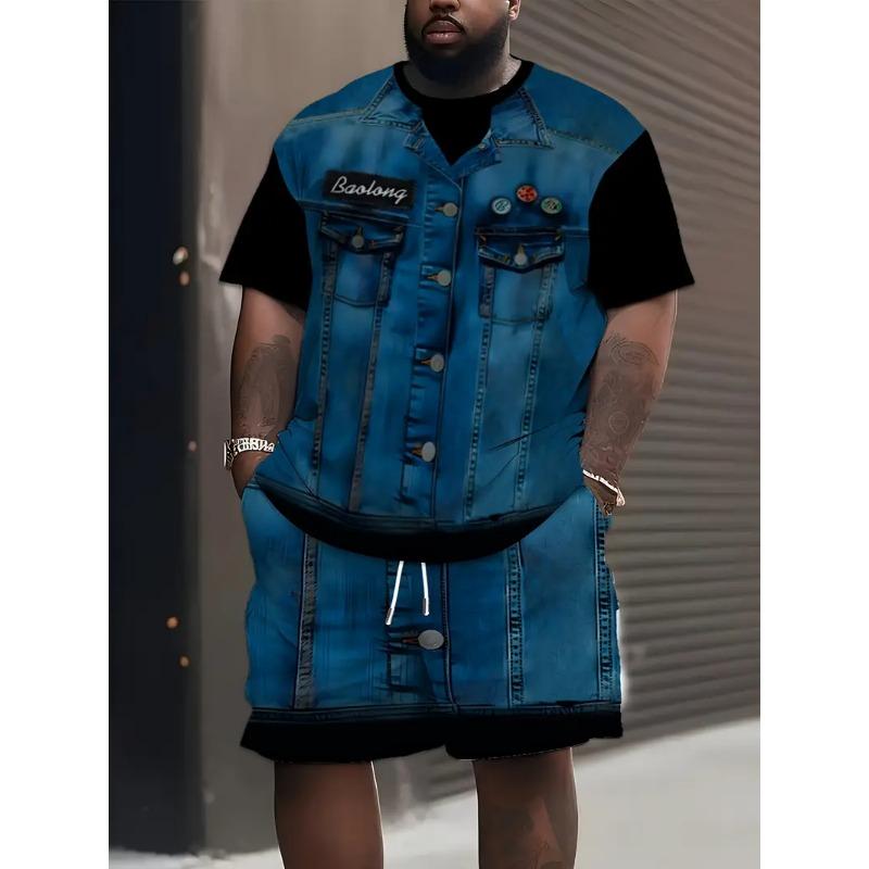 Denim Graphic T-shirt And Shorts 2-piece Set 2025 Plus Size Men's Clothing Casual Loose Drawstring Waist Shorts Short Sleeve Top