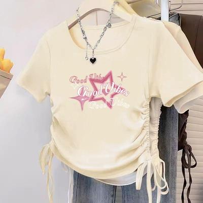 Camiseta de Tricô Feminina de Verão Manga Curta Slim Fit com Cordão Crop Top Sexy Casual Streetwear Moda Tee