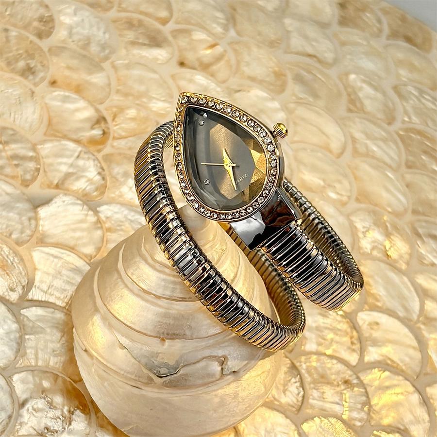Damen Armbanduhr mit Tropfenförmigem Kopf und Schlangenförmigem Armband