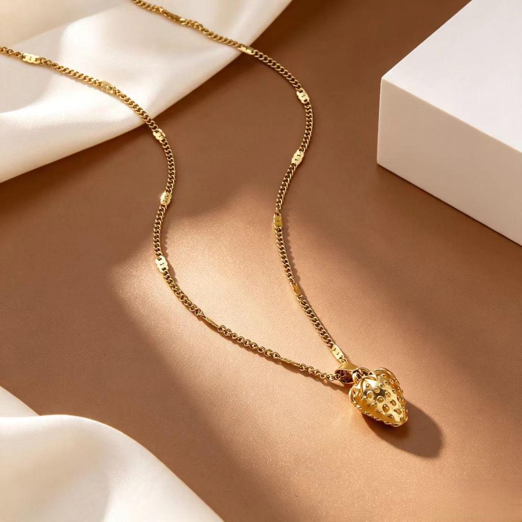 18K Gold Plated Titanium Strawberry Pendant Necklace for Women - Elegant, Durable, Colorfast Collarbone Chain