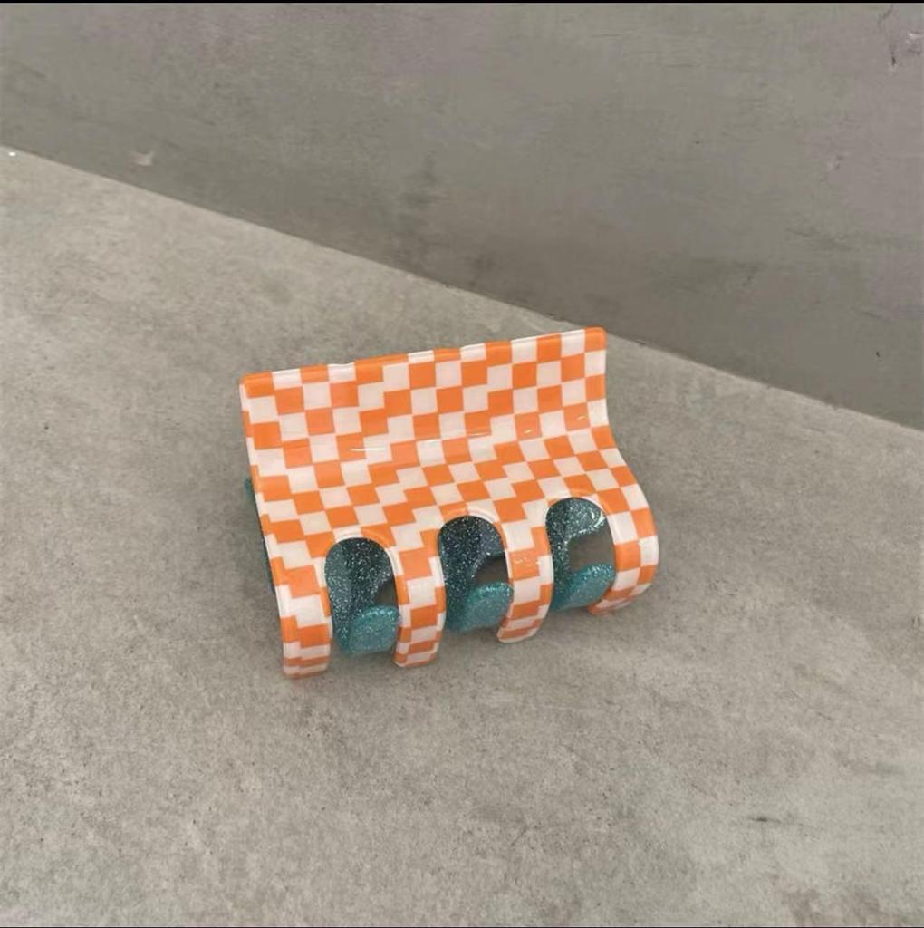 Rosa & Grün Karierter Acetat Haarclip - Große Zweifarbige Kralle für Ins Girl, Süßer Hinterkopf-Stil