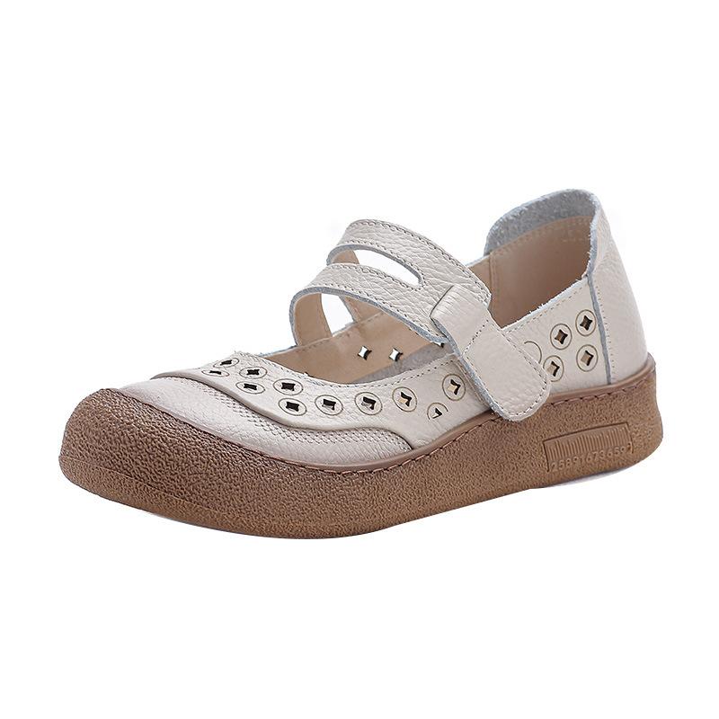Neue Naturleder-Ortho-Sandalen für Damen Sommer Aushöhlen Flats Schuhe ältere Frau Mary Jane Slipper Riemen Slipper Mokassin