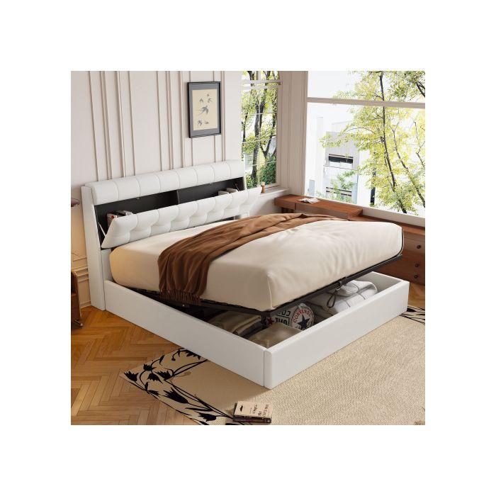 Lit Capitonné - MUVOE - 160x200 - Coffre De Lit - PU - Sommier À Lattes - Blanc