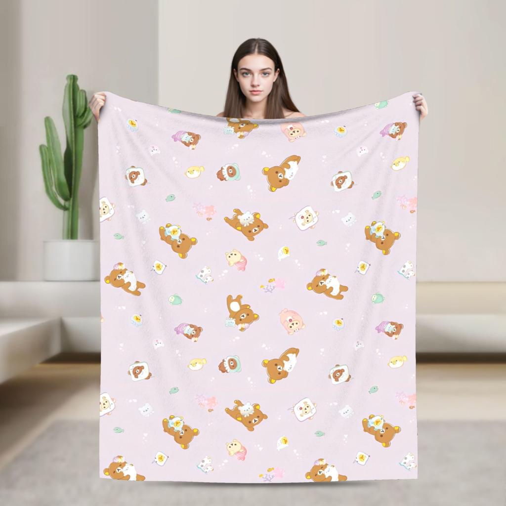 Rilakkuma Korilakkuma Cute Bear Flannel Blankets Kiiroitori Cartoon Funny Throw Blanket for Home 125*100cm Lightweight