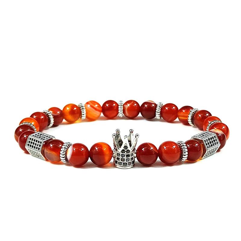 8mm Natürliches gestreiftes Achat Kronenarmband mit Kupfer- und Zirkon-Sechseck-Akzenten