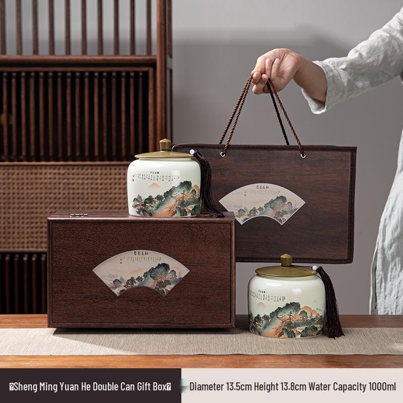 Renowned Wuyi Rock Da Hong Pao Ceramic Tea Gift Box - Double Ceramic Can
