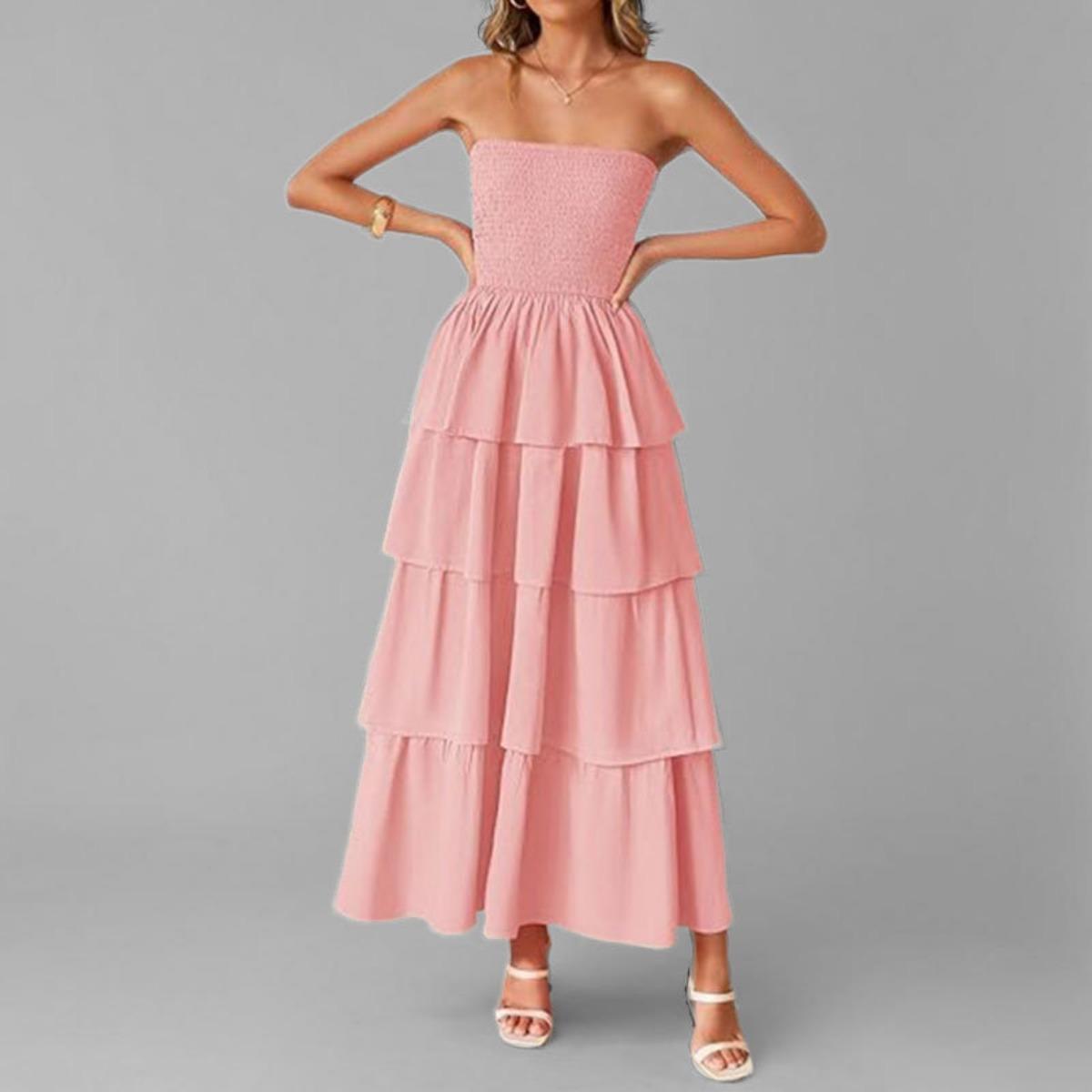 Spring New Arrival Women s Fashion Casual Solid Color Smocked Bandeau Tiered Cake Dress for European American Crossborder 2XL розовый