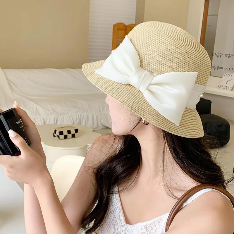 Elegant bow fisherman's hat children summer sunscreen straw hat women's sunshade seaside beach basin hat