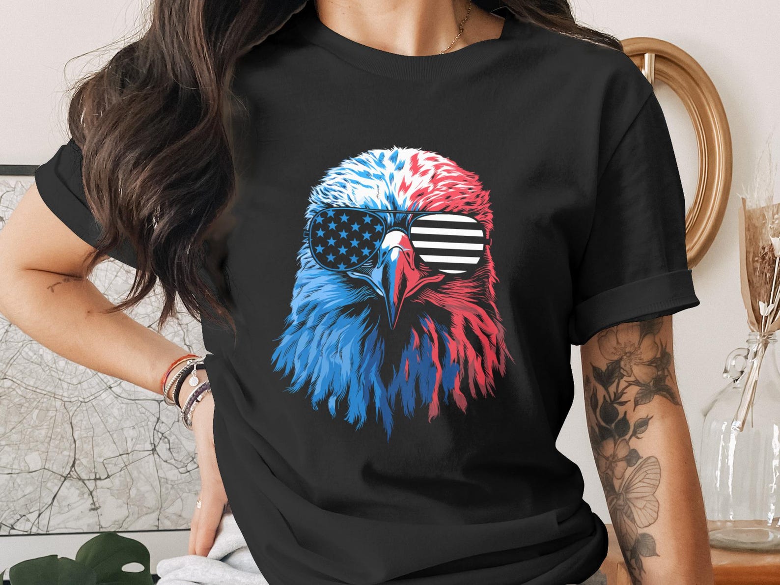 Patriotic Eagle Sunglasses T-Shirt | American Flag Eagle Head Graphic Tee | Independence Day USA Freedom Apparel Gift S