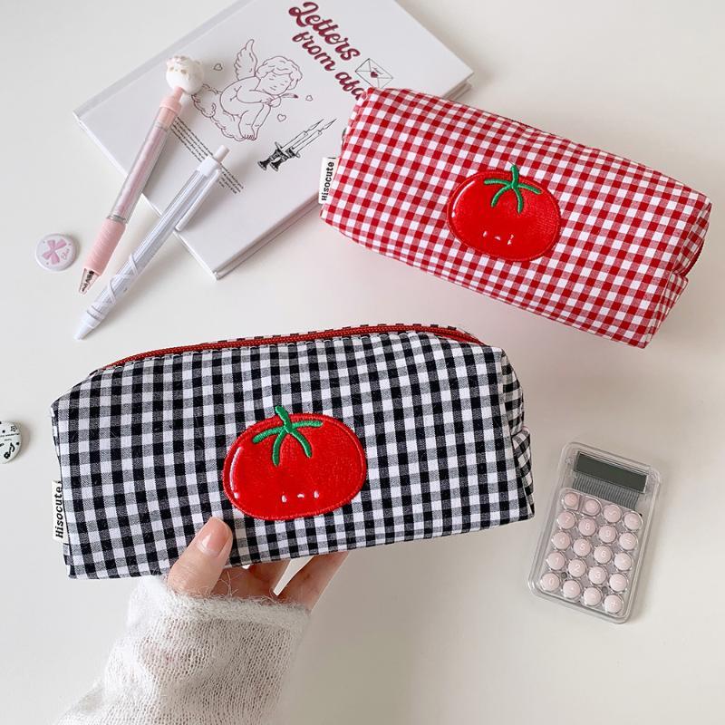 1Pcs Portable Canvas Pencil Case Tomato Gingham Storage Organizer Makeup Bag Large Capacity Cosmetic Bag Women Girls