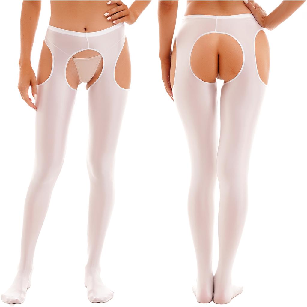 Womens Glossy Cutout Pantyhose Mid Waist Tights Crotchless Design Elastic Waistband Sheer Leggings Skinny Pants