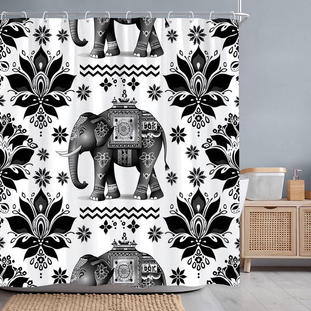 

Black and White Elephant Shower Curtain Vintage Bohemian Floral Polyester Fabric Printed Bath Curtains Bathroom Decor with Hooks 90x180cm