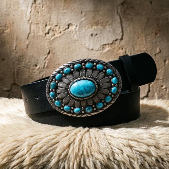 Western Belt Retro Turquoise Design Distressed Silver Buckle Faux Leather Wide Navajo Ethnic Style