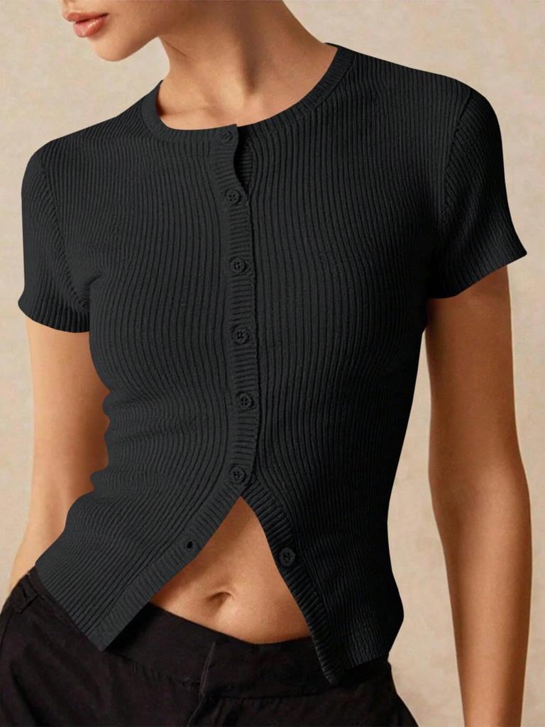Damen Rippstrick Cropped Cardigan Kurzarm Knopfleiste Figurbetont Pullover Top