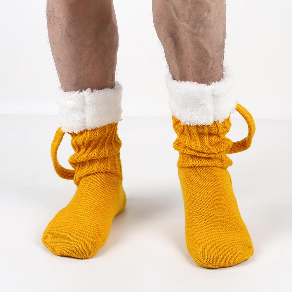Funny 3D Beer Mug Knitted Socks Men's Padded Warm Mid-Calf Socks Women Winter Soft Sleep Floor Socks Woolen Socks Christmas Gift