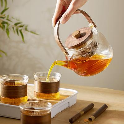 Wooden Handle Teapot Wooden Lid Glass Teapot Chinese Kung Fu Tea Set Steam Teapot Transparent Flower Tea Cup Tray Tea Set