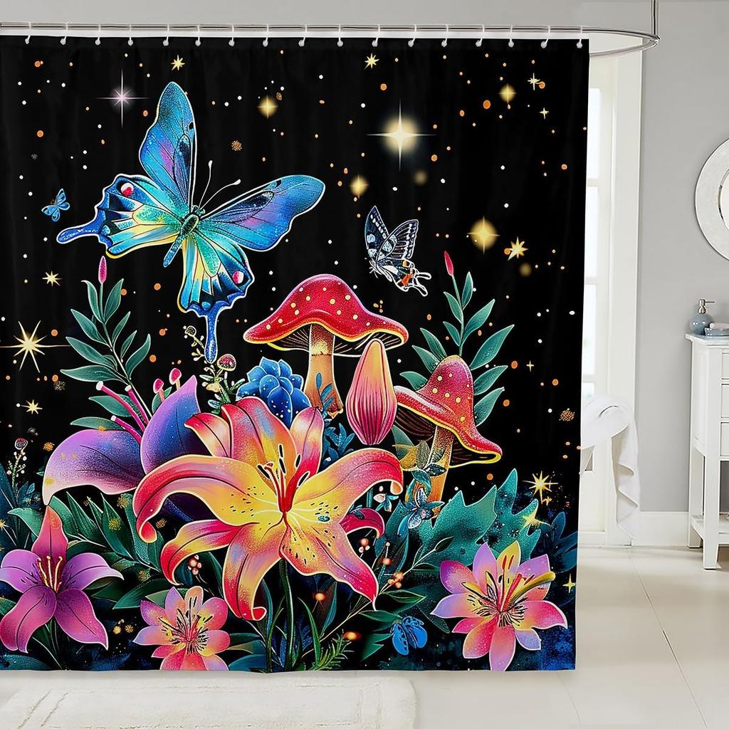 Psychedelic Butterfly Vintage Mushroom Shower Curtain Dragonfly Boho Bathroom Decoration Polyester Fabric Bath Curtain with Hook