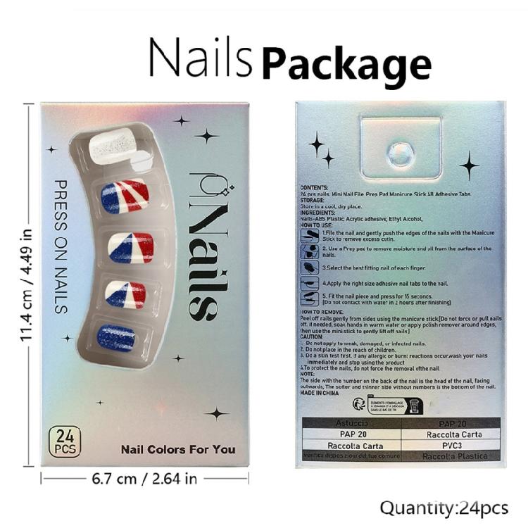 Modne paznokcie na klej 24 sztuki Krótkie kwadratowe sztuczne paznokcie Manicure Dekoracje do paznokci z brokatem na Dzień Niepodległości i nie tylko