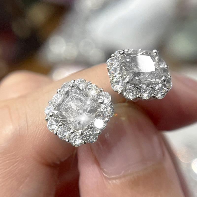 Square Yellow Center Stone Round Halo Stud Earrings Luxury Elegant Women Formal Jewelry