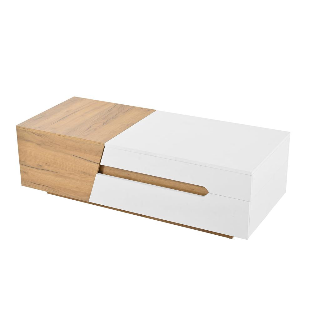 Ausziehbarer Couchtisch 120x50x37,5 cm, mit Schubladen, Beistelltisch mit Schiebemechanismus, für Wohnzimmer, Weiß+ Holzfarbe
