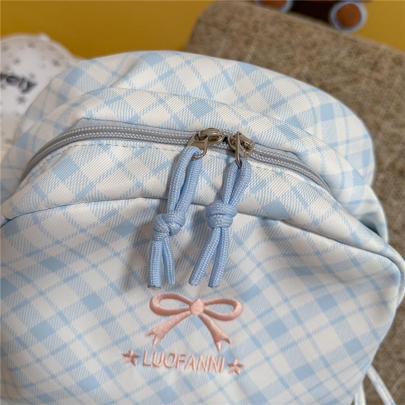 Cute Gingham Polka Dot School Backpack with Bow Detail Lace Trim Lightweight Zipper Daypack for Teen Girls Travel