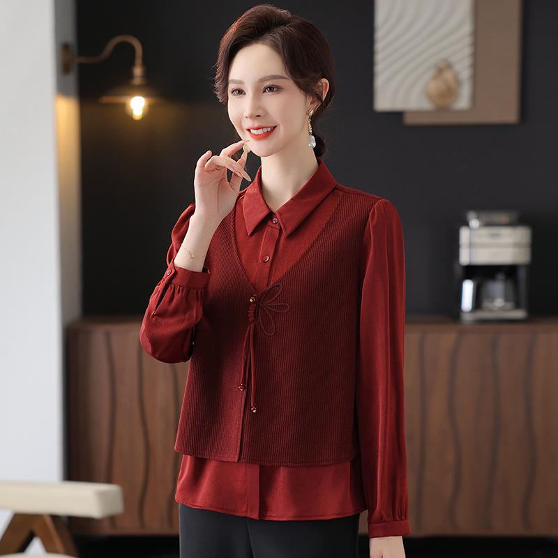 

Women s Fashion Splicing Long Sleeve Two-Piece Shirt - Spring 2025 Collection for Middle-Aged Mothers 2XL (125-140 jin) вина червоного кольору