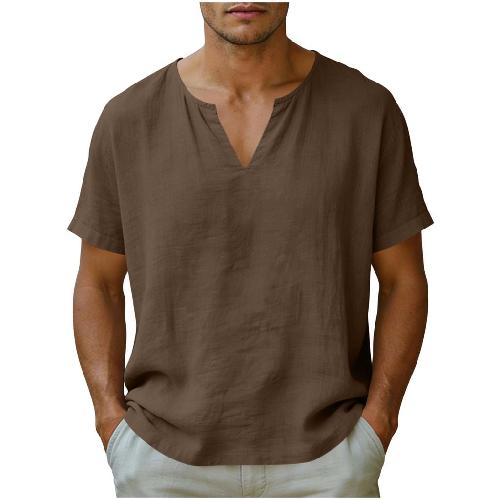Men’s Short Sleeve V Neck Casual Loose Fit Linen T Shirt Lightweight Breathable Summer Basic Top for Daily Wear