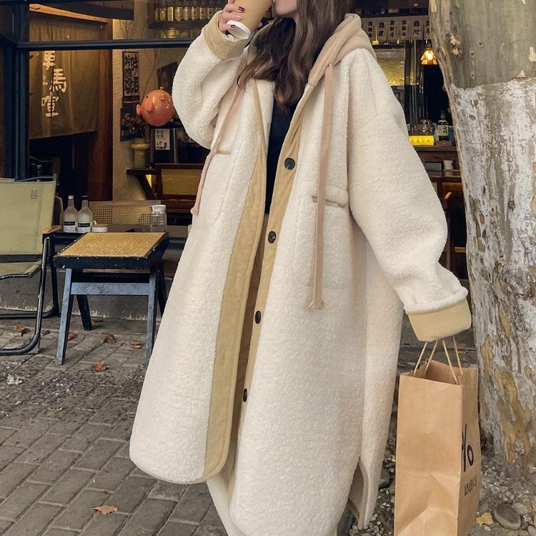 Off-white Hooded Lambswool Jacket for Women In Autumn and Winter Thickened Korean Style Loose Lazy Mid-length Pure Cotton Plush Coat
