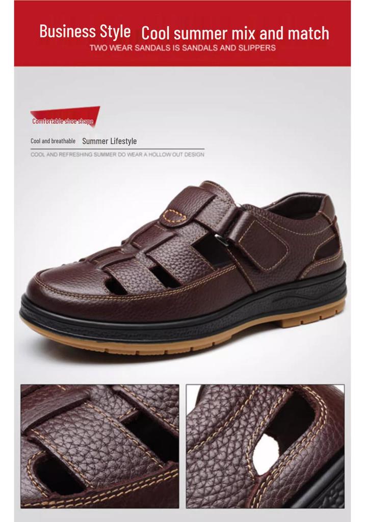 Men's Genuine Leather Breathable Summer Sandals - Large Size, Closed Toe, Perforated Cowhide Beach Shoes