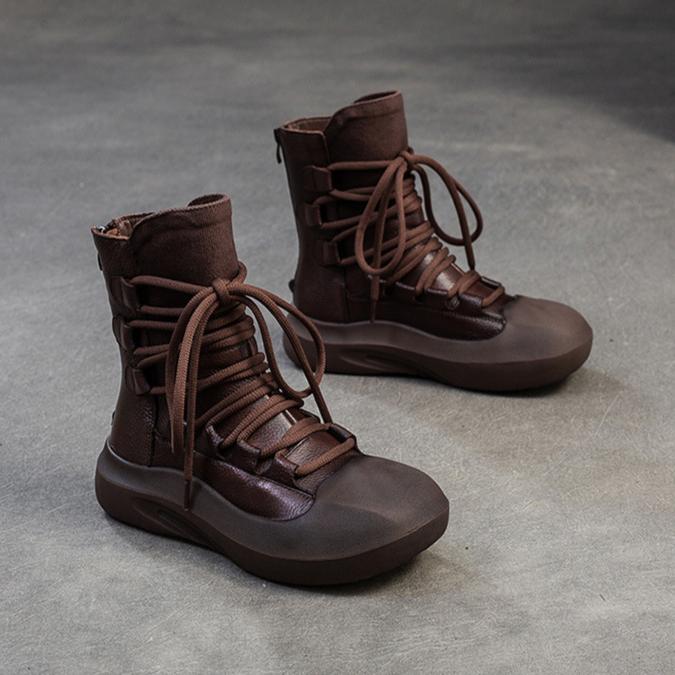 Johnature Botas retrô de cano médio com sola grossa e couro legítimo com cadarço, sapatos femininos