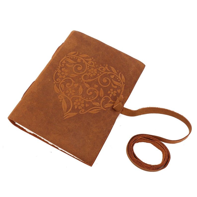 Leather Diary Notebook Deckle Edge Heart Embossed Valentine Design Color Handmade Paper for Men and Women and Gift
