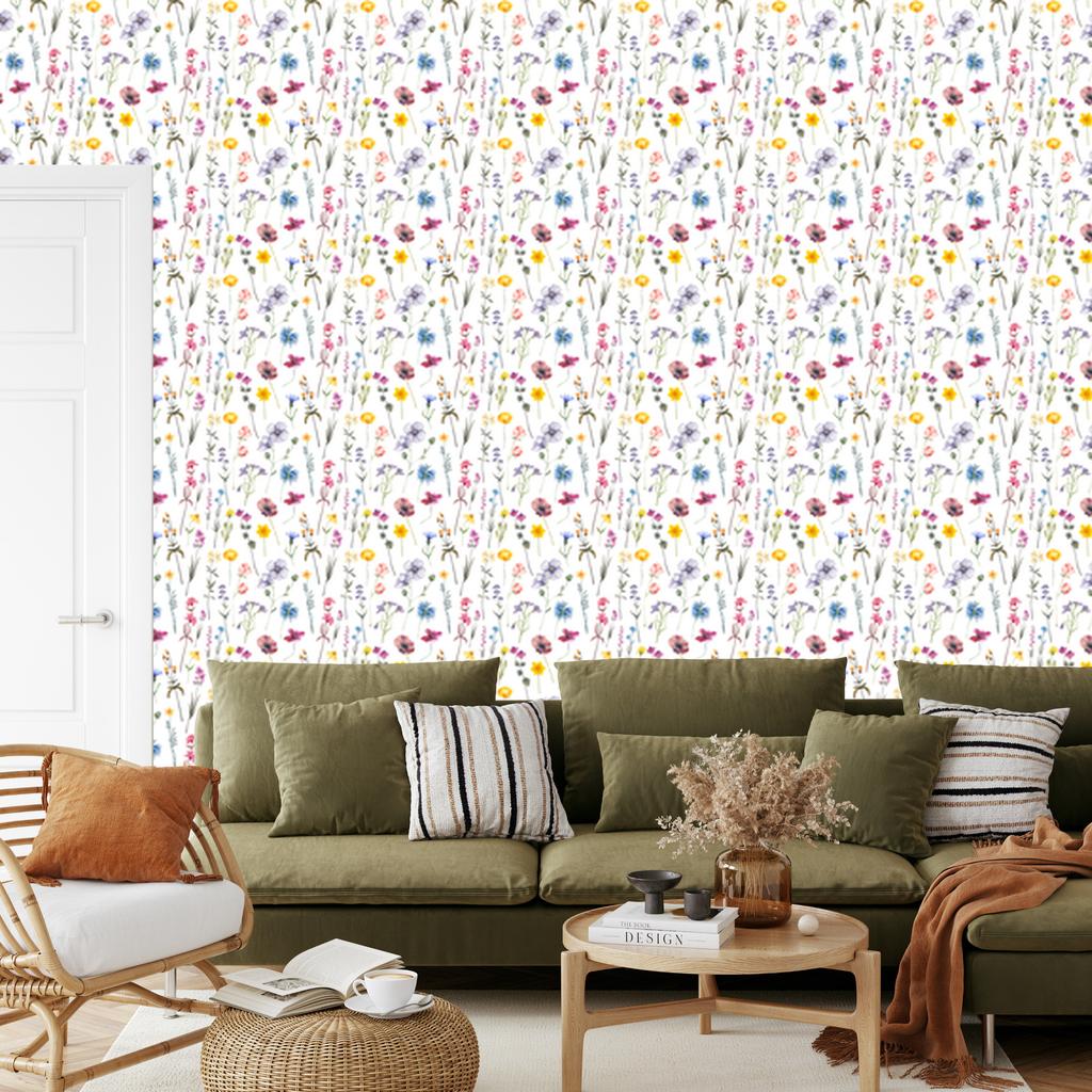 Wild Flowers White Wallpaper for Living Room and Bedroom 50x1000