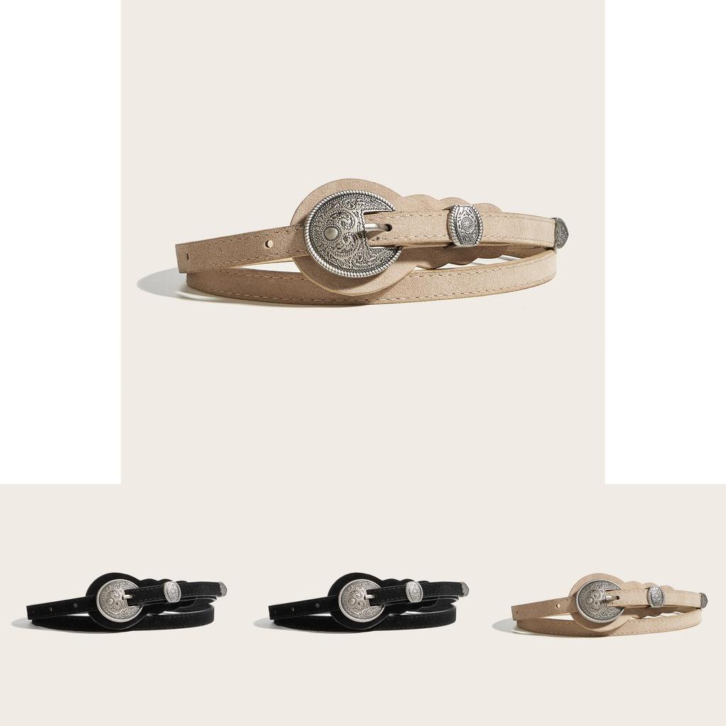 Ethnic Style Solid Color Oval Metal Buckle Decoration Suede Women Casual Belt For Retro Style