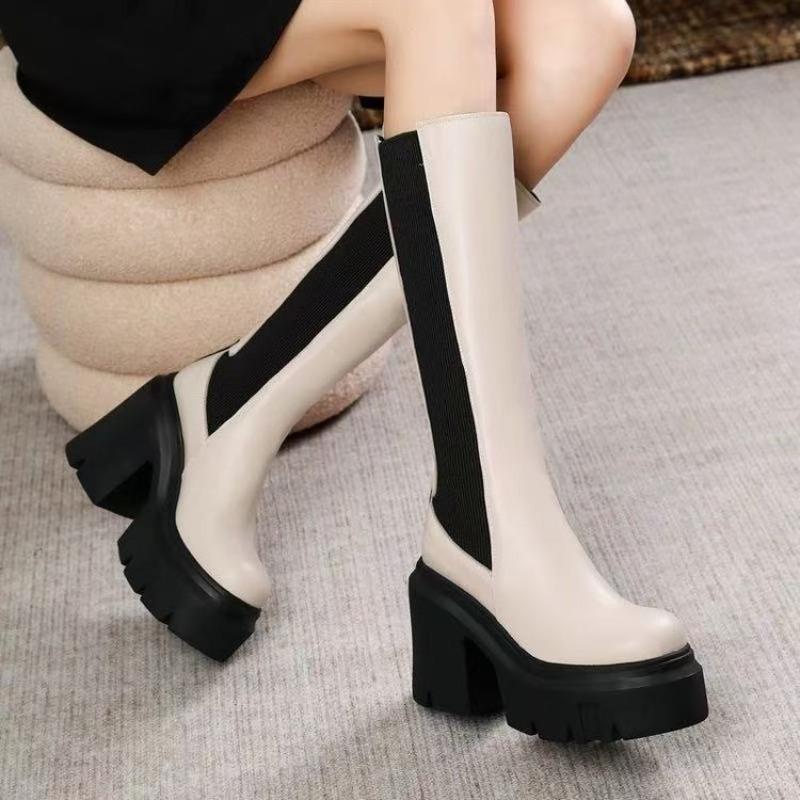 

Fashion 2025 Autumn and Winter New Chunky Heel Long-thigh Boots Color-block Small Women s Fashion Knee-high Boots 40
