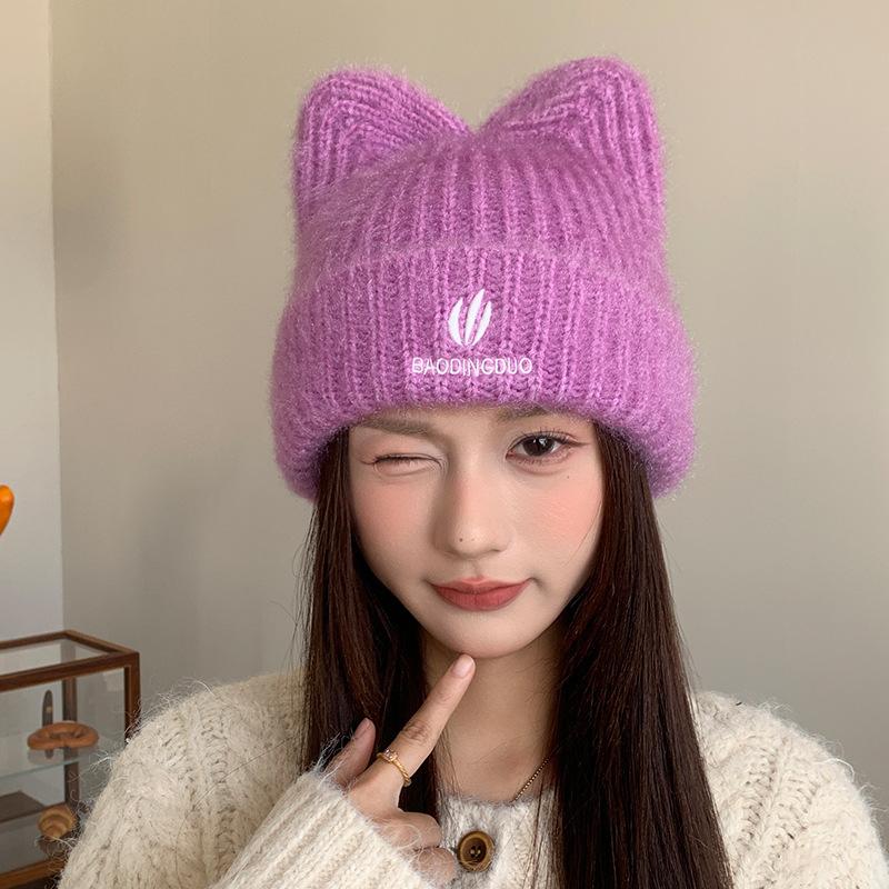 Süße und niedliche Katzenohren Wollmütze Herbst und Winter Warmer Ohrenschutz Strickmütze Japanische Gesicht zeigende kleine Überziehmütze für Frauen