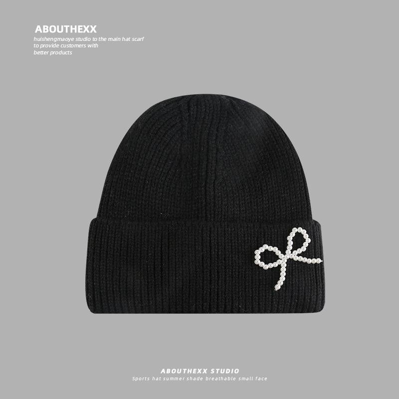 Pearl Bow Autumn and Winter Warm Woolen Hat for Women Korean Knitted Hat Showing Face Small Versatile Couple Pullover Cold Hat