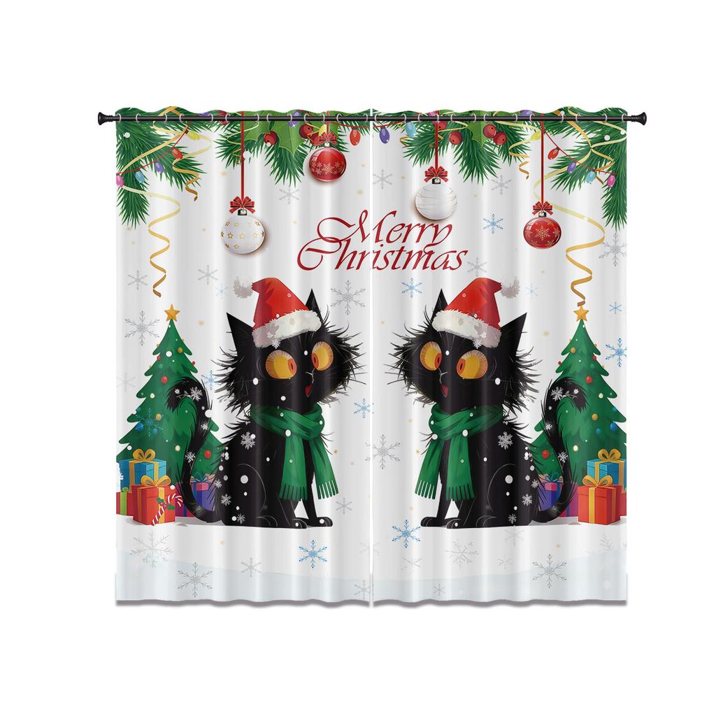2Pcs Christmas Black Cat Print Blackout Curtains Multiple Size Living Room Bedroom Home Insulation Decoration, Machine Washable