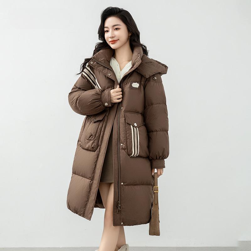 Dámská péřová bunda podzimní a zimní střední délky v korejském stylu, módní stojáček, kapuce